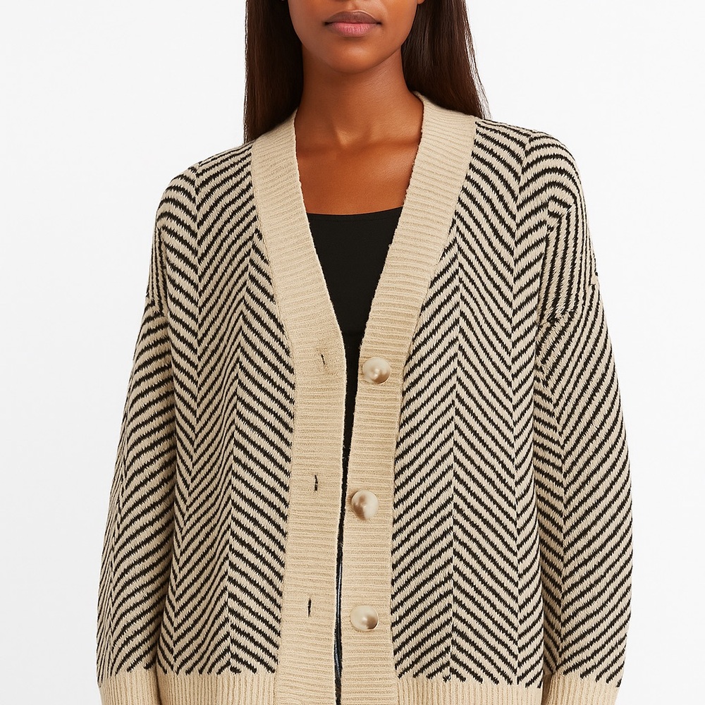 Black & Cream Chevron Knit Button-Down Cardigan, OS